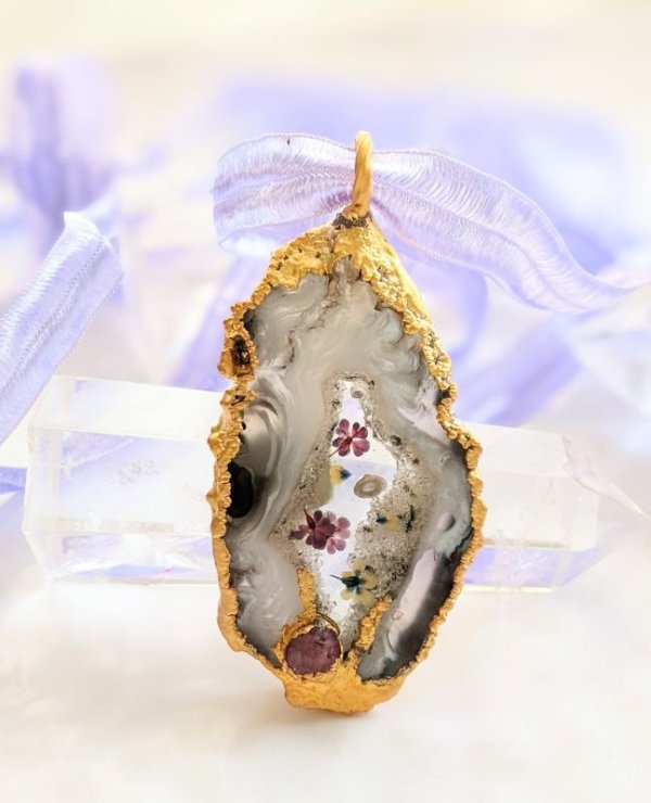画像1: スライスアゲート ジオード ペンダント　　Fleur de Rocaille  　石の花
