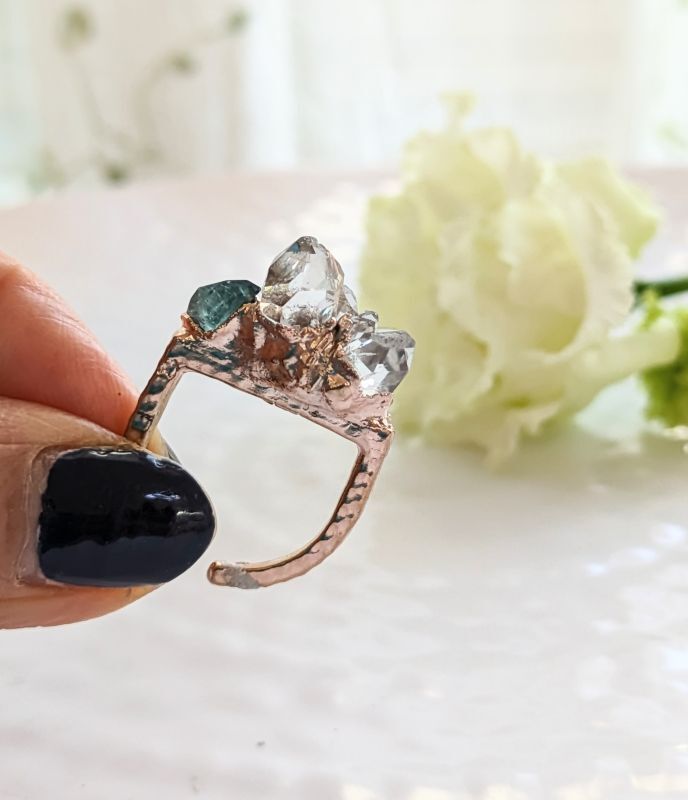 画像: ハーキマーダイヤモンドとスモーキーブルートルマリンのリング　　ピンクゴールド