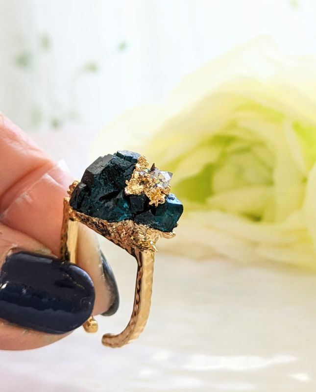 画像: ダイオプテーズ原石とハーキマーダイヤモンドのリング